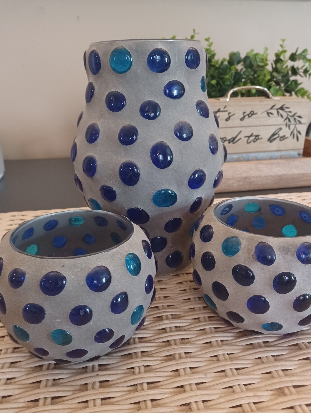 Set Of 3 Blue Pebble/ Stone Hurricane & Votive Candleholders